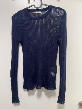 Zara Navy Sheer Ribbed Crew Neck Top